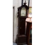 Grandfather Clock in walnut case, a painted arch dial featuring ships, the dial stamped B SCHURERER