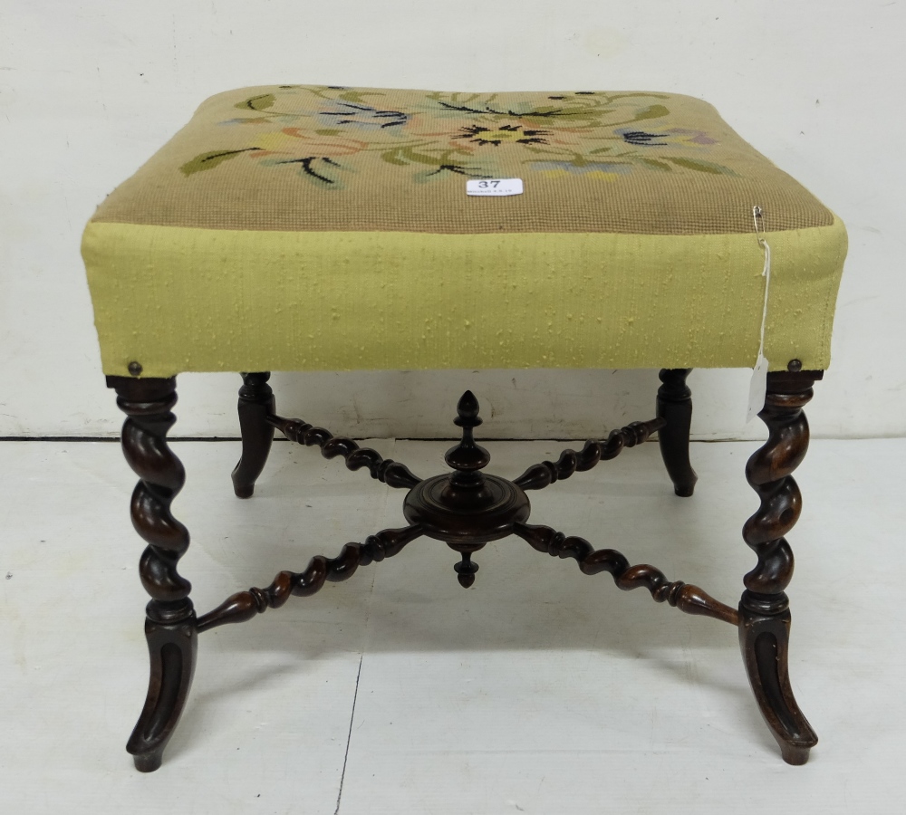 Victorian mahogany square Footstool with Berlin woolwork seat raised on cabriole supports with