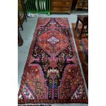 Washed Red Ground Iranian Village Runner, unique medallion design, vibrant colours, 2.52m x 0.97m
