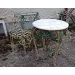 3 Piece Iron Garden Seat including a Pair of Chairs and a circular Table with a white marble top (