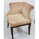 Modern Corner Armchair, upholstered with light brown corded fabric, on light mahogany coloured