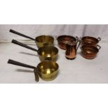 3 Graduating Brass Saucepans with metal handles & 3 copper colanders & 1 pot (7)