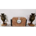 Art Deco 3-Piece Clock Set, 21cm x 38cm, a red marble case with oval-shaped green side panels,