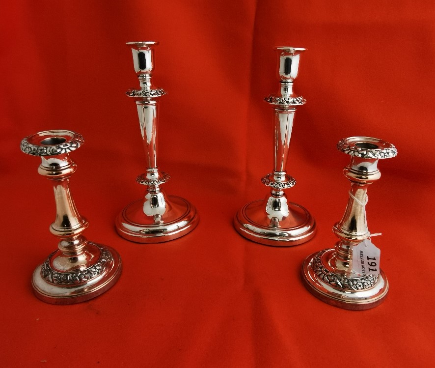 2 Pairs of Silver Plated Candlesticks, copper hues, both pre 1900's, 1 x 18cm h, 1 x 26cm h