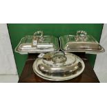 A pair of entree dishes and another dish, rectangular shaped heavy silver plated, stamped "