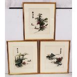 3 Japanese woven pictures - landscape scenes with rivers, each 41cm x 36cmH