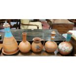 Collection of Victorian terracotta wares, 4 bottleneck vases, jug on stand (6)