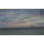 Oil on Board – the horizon view at Dusk, from the sea, signed Hiwoe, 33cmH x 53cmW, in a moulded