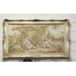 Modern ornate cream and gold painted framed tapestry of figures in a pastoral scene, approx. 1.3m