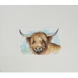 ANDY SAUNDERS, Watercolour “Longhorn” 12cm x 17cm, in a white frame