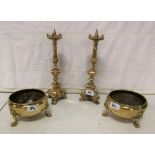 A matching Pair of Brass Pricket Candlesticks (Tudor style) & a pair of low brass bowls (4)