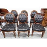 Set of 6 Victorian Mahogany Dining Chairs with brown leather padded seats and backs, turned front