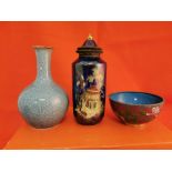 Small Crackle-Glazed Vase, an English lustre Vase with lid (Chinese gardens decor) & a blue floral