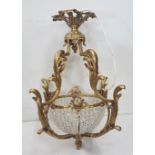 Fine cast brass framed Ceiling Light, with 4 scrolled sides and a glass beaded basket within, 3