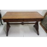 19thC Gothic Oak Library Table, with a rectangular top and two apron drawers, gothic design brass