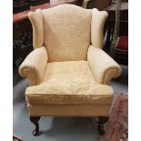 Wing Back Armchair, covered with yellow fabric, on Q. Anne feet, loose cushion seat