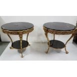 Matching Pair of Fine Reproduction Circular Brass Centre Tables, each fitted with black marble tops,
