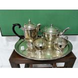 4 Piece Sheffield Plated Tea Service, stamped “Harrods” on an oval plated tray