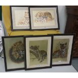 Set of 6 Etched Portraits of Lions, Tigers and Cubs, all mounted, in similar frames