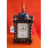Blue Ground Cloisonné Decorated Carriage Clock, a 2-train movement with alarm, the side panels