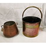 Copper Coal Bucket with timber base - brass banded, with a carrying handle 28cm X 32cm & a copper