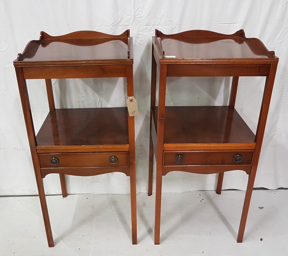 Matching Pair of Yew Wood Reproduction Wash Stands/Side Tables with drawers, each 40cmW x 86cmH