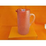 Victorian tall cranberry Glass Water Jug, with a frosted design and ribbed clear glass handle,