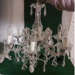 Large cut glass Chandelier, 8 branches with faceted crystal droplets and ribbed branches, bright