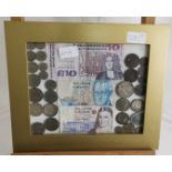 2 framed coin collections – framed collage of old decimal coins, 3 x C-Series bank notes, 1923