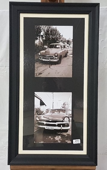 Black & White 2-part Photographic Collage of 2 Vintage Cars in Cuba, in a modern black frame, 87cm h