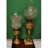 2 brass Oil Lamps - one on a marble base with a tulip shade and one an etched shade (2)
