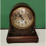 Fusee Mantel Clock, chiming movement, in a mahogany case with a domed top, on 4 turned feet, 32cm