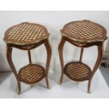 Matching pair of Continental walnut Occasional Tables with chequered design top and stretcher