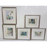 Set of 5 Spanish Prints, in similar blue painted frames (5)