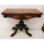 Victorian Walnut Foldover Card Table, fine quality, with a floral carved and serpentine shaped