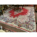 Large old red ground Persian Kashmar Carpet, with a unique colourful floral pattern borders, 3.96