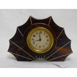 Small Art Deco Mantel/Alarm Clock, fan shaped, possibly zebra wood, 18cm x 12cm