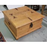 Large Pine Blanket Chest/Coffee Table, square shaped, with metal outer hinges, opens to a storage