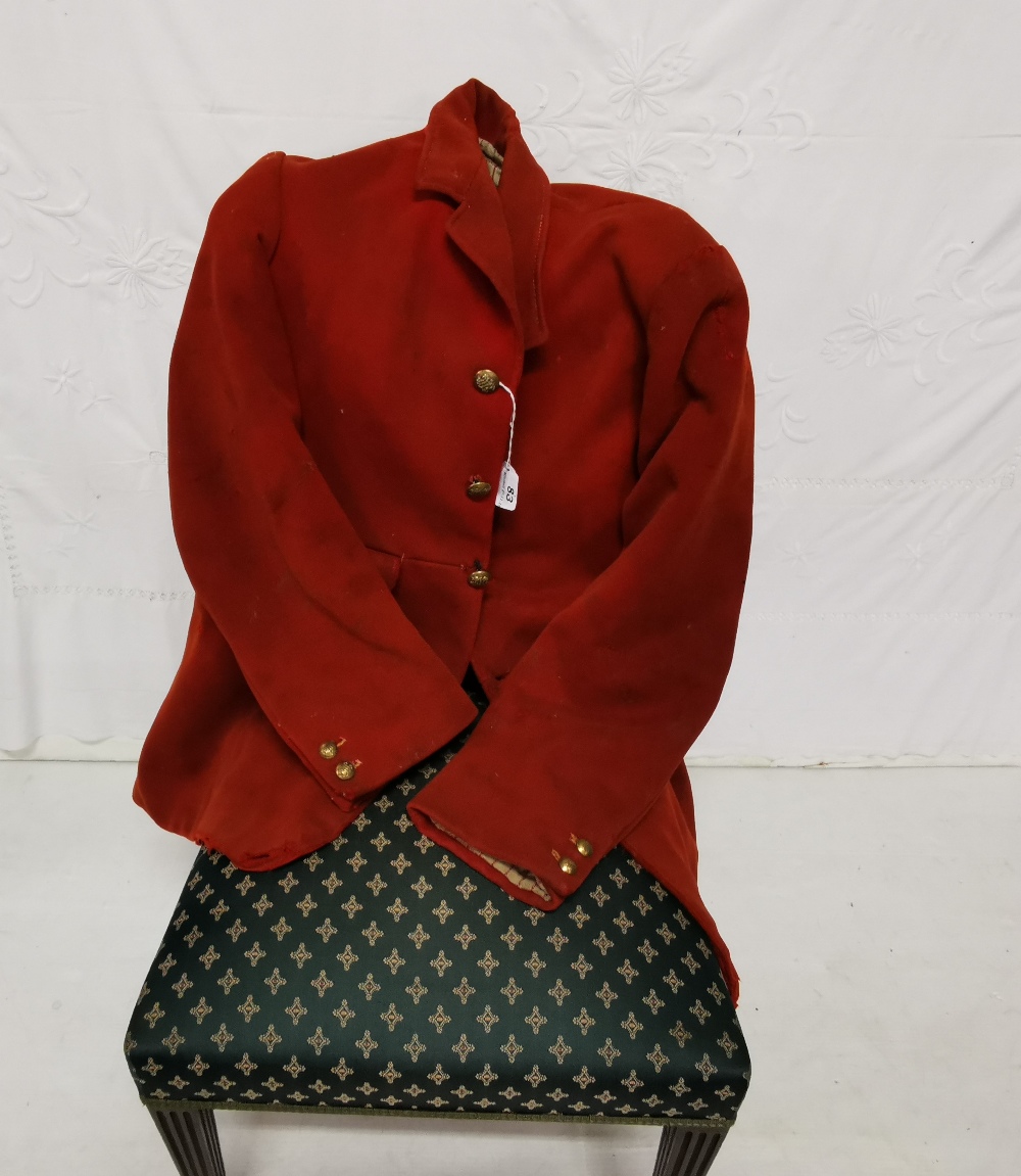 Kildare Fox Hounds Huntsman’s Red Jacket (worn), with a complete set of brass coat buttons with