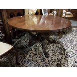 Late 19th C mahogany Oval top Centre/Dining Table on pod base, 4 scrolled feet, 1.46m x 1.27m