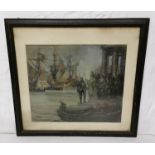 Oil on Board – Old Italian Military Scene at a Port (possibly in Bozzetto, 1571), signed E.