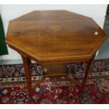 Late Victorian/Edwardian rosewood satinwood inlaid marquetry octagonal Table, stretcher shelf, on
