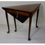 A George 3rd mahogany drop flap corner table with 2 drawers on turned legs and pad feet, 73cm sq (