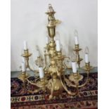 Large Brass Chandelier, 12 branches with a central ball-shaped feature, polished condition
