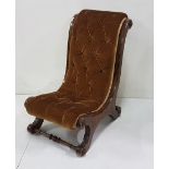 A low-sized and faux rosewood Victorian brown & buttoned upholstered bedroom chair, scrolled feet,