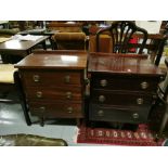 Similar Pair of low sized 3-drawer Chests of Drawers, with circular brass handles, tapered legs (