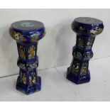 Matching pair of early 20th C deep blue glazed terracotta jardinière stands with floral fretwork,
