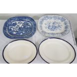 2 Oval "Meakin" plates & 2 blue and white meat plates (1 willow pattern and 1 floral) (4)