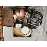 Box with miniature plastic figures of farm animals and soldiers, Guinness satchel, 3 plates