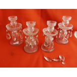 2 Pairs old Cut Glass Table Centrepieces, with candle sconces and lustre drops – 1 x 19cmH & 1 x